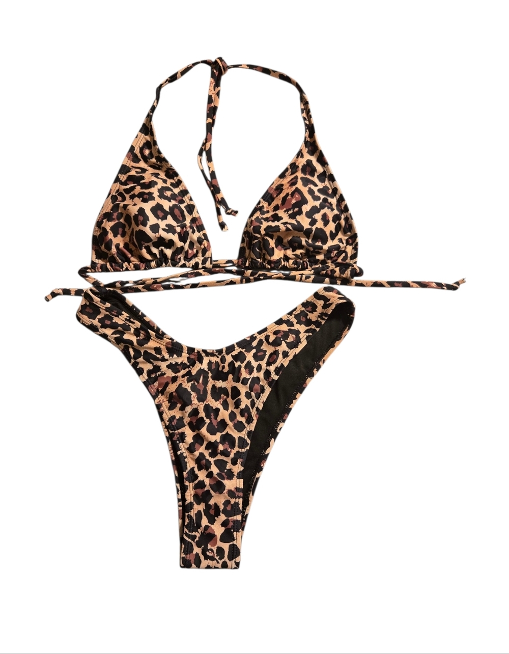 Triangle Bikini Set High-Waisted Padded Leopard Print Adjustable Strap Size S